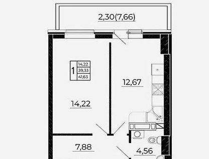 1-к. квартира, 41,6 м²