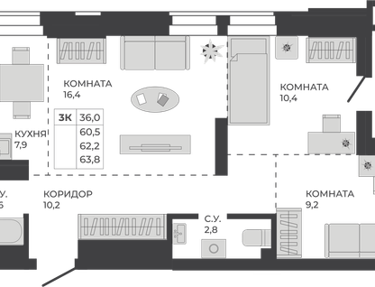 3-к. квартира, 62,2&nbsp;м²