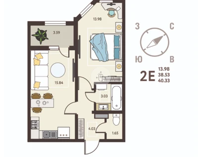 1-к. квартира, 40,3&nbsp;м²