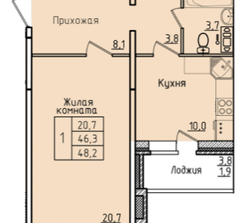 1-к. квартира, 46,3&nbsp;м²