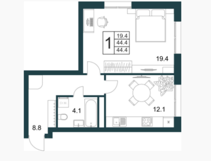 1-к. квартира, 44,4&nbsp;м²