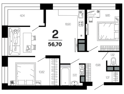 2-к. квартира, 56,7&nbsp;м²
