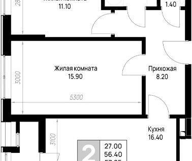 2-к. квартира, 57,9 м²