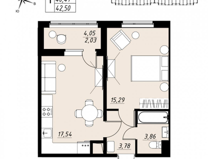 1-к. квартира, 39,8&nbsp;м²