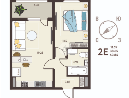 1-к. квартира, 40,8&nbsp;м²