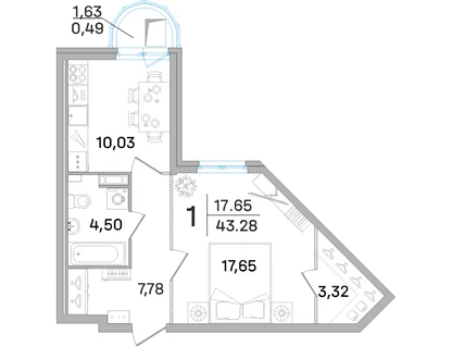 1-к. квартира, 42,9&nbsp;м²