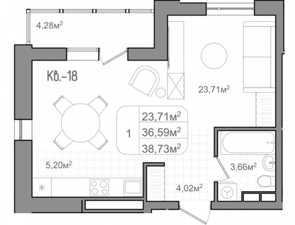 1-к. квартира, 38,7&nbsp;м²