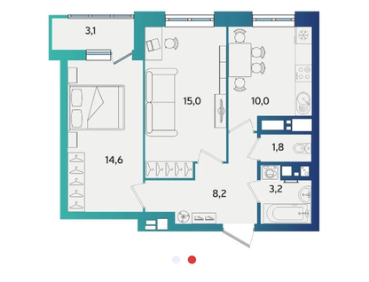 2-к. квартира, 54,4 м²