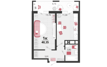 1-к. квартира, 40,4&nbsp;м²
