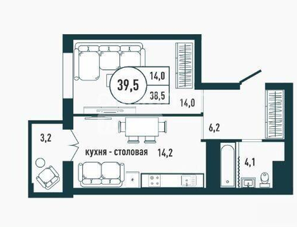 1-к. квартира, 39,5 м²