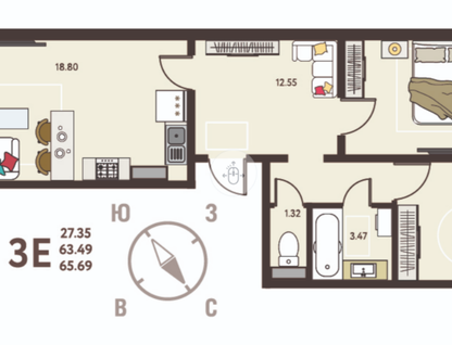 2-к. квартира, 66&nbsp;м²