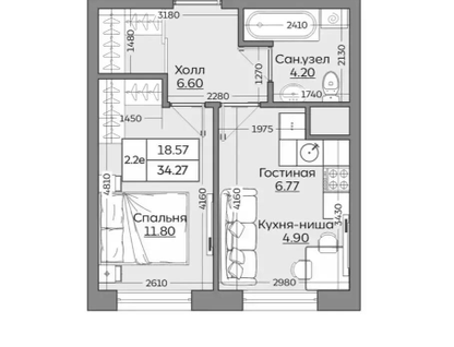 2-к. квартира, 34,3 м²