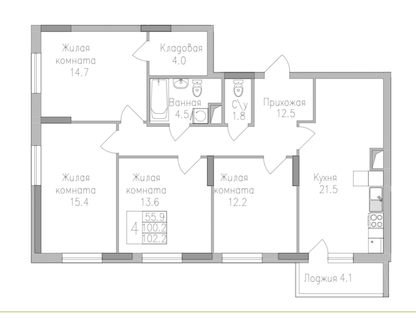 4-к. квартира, 102,2&nbsp;м²