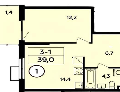 1-к. квартира, 39&nbsp;м²