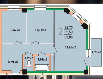 2-к. квартира, 63,9&nbsp;м²