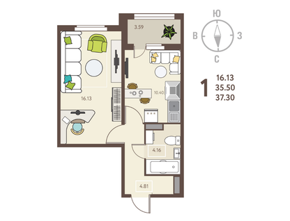 1-к. квартира, 37,3&nbsp;м²