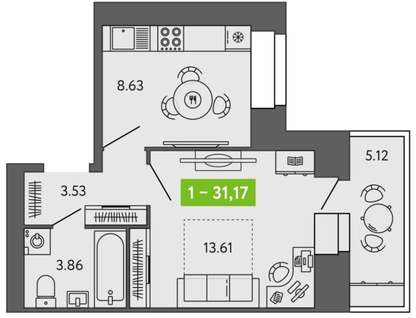 1-к. квартира, 31,2&nbsp;м²