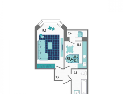 1-к. квартира, 38,4&nbsp;м²