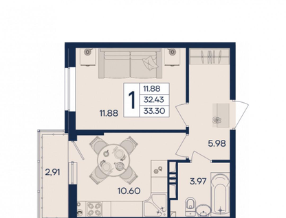 1-к. квартира, 33,3&nbsp;м²