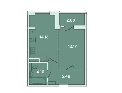 1-к. квартира, 41,6&nbsp;м²