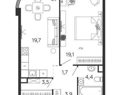 1-к. квартира, 52,3&nbsp;м²