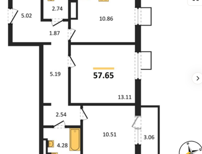2-к. квартира, 57,6 м²
