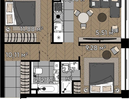 3-к. квартира, 55&nbsp;м²