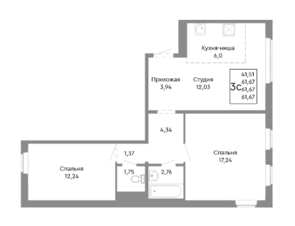 2-к. квартира, 62,1 м²