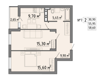 2-к. квартира, 58,6&nbsp;м²