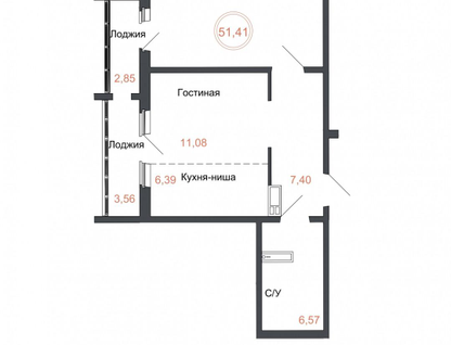 1-к. квартира, 51,4&nbsp;м²