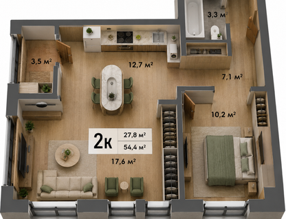 2-к. квартира, 54,4&nbsp;м²