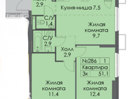 3-к. квартира, 51,1&nbsp;м²