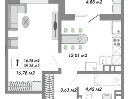 1-к. квартира, 39,3 м²