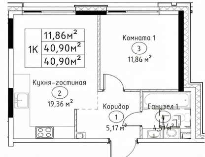 1-к. квартира, 40,9 м²
