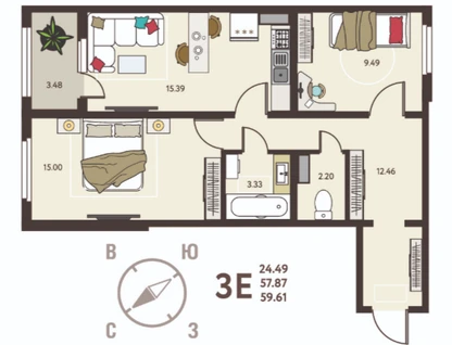 2-к. квартира, 59,6&nbsp;м²