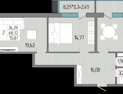 2-к. квартира, 70,8&nbsp;м²