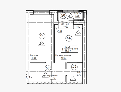 1-к. квартира, 55,3&nbsp;м²
