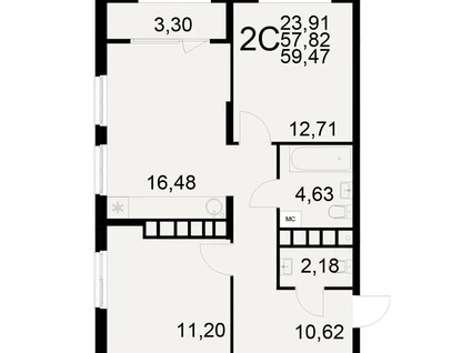 2-к. квартира, 59,5&nbsp;м²