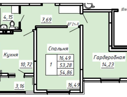 1-к. квартира, 54,9 м²