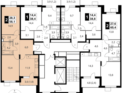 2-к. квартира, 58&nbsp;м²