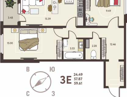 2-к. квартира, 59,6 м²