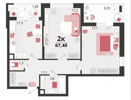 2-к. квартира, 67,4&nbsp;м²