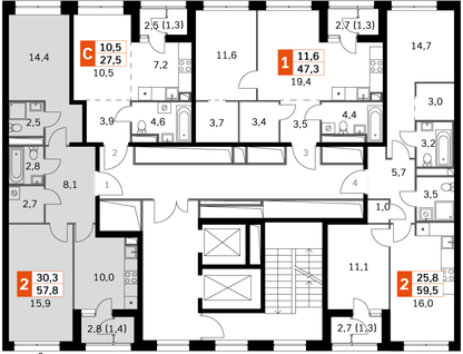 2-к. квартира, 57&nbsp;м²