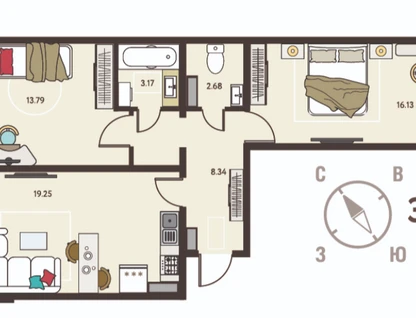2-к. квартира, 67,5&nbsp;м²