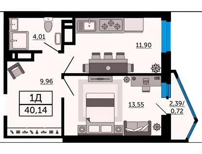 1-к. квартира, 40,1 м²