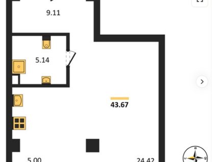 Студия, 43,7&nbsp;м²