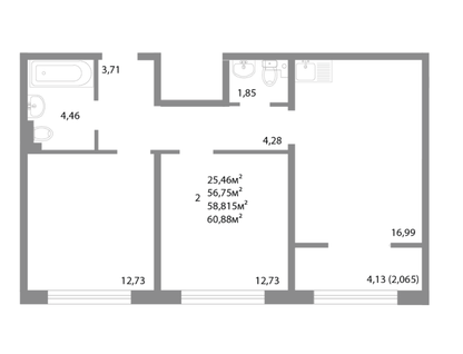 2-к. квартира, 58,8 м²