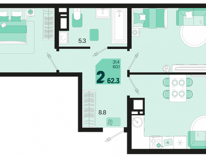 2-к. квартира, 62,3 м²