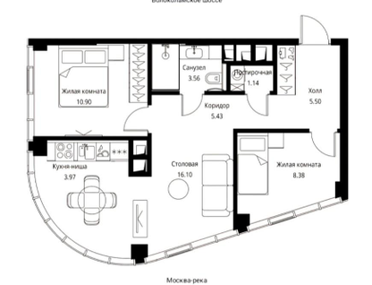 2-к. квартира, 55&nbsp;м²