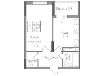 1-к. квартира, 42,1 м²
